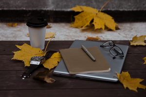 Yellow and orange autumn leaves on a dark background, representing fall marketing and SEO preparation for Q4.